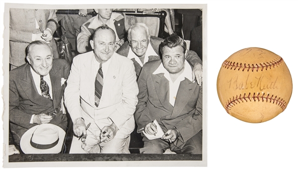Babe Ruth, Ty Cobb and Tris Speaker Multi-Signed Baseball With 8x10 Original Photograph (PSA/DNA)